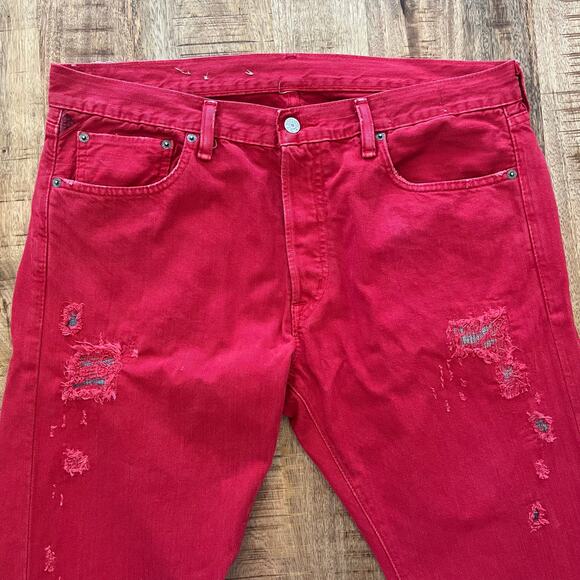 Denim & Supply Ralph Lauren Slim Jeans Mens 36x32 Red Denim Distressed Dyed - Picture 2 of 16
